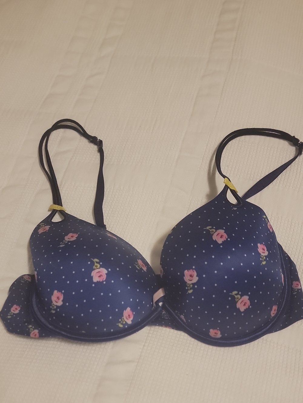 Victoria's Secret Navy Bra with Pink Rose Print and Polka Dots